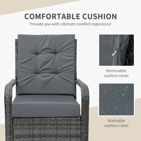 Outsunny 3 Pieces Rattan Bistro Set with Furniture Cover, Wicker Garden Furniture Set, Glass Top Coffee Table and Chairs with Cushions for Outdoor, Patio, Balcony, Grey