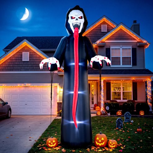 Outsunny 10 FT Halloween Inflatable Skeleton, Scary Halloween Decoration, Inflatable Giant Long Tongue Skeleton Blow Up Decoration with Built-in LED Lights for Yard Garden Indoor Outdoor Decor