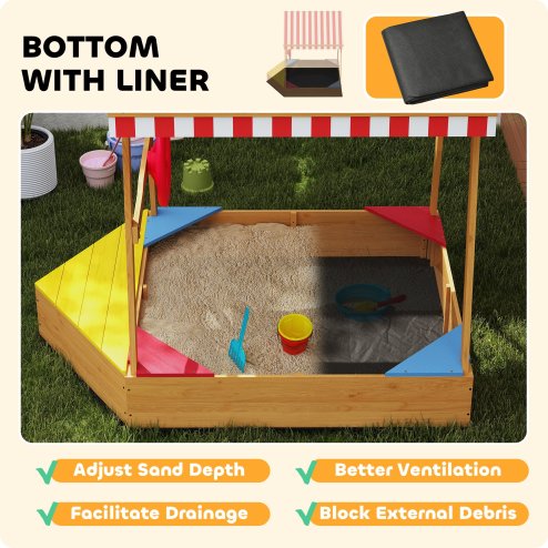 AIYAPLAY Wooden Kids Sandpit, Boat Sandbox with Canopy, Seats, Rudder & Non-woven Fabric Bottom Liner, Outdoor Sand Pit for Children 3-8 Years, for Garden, Grass, Beach, Yellow