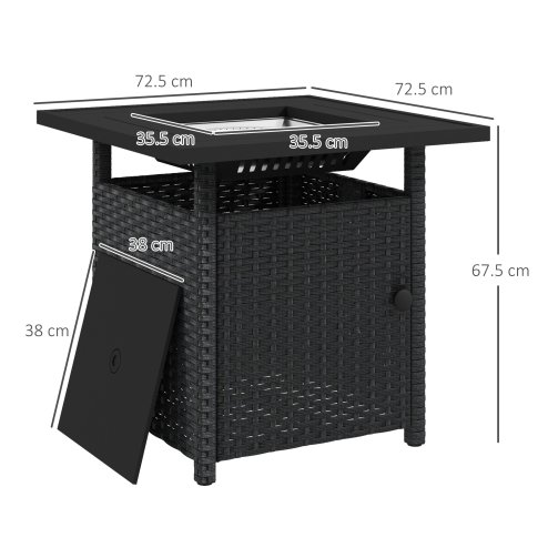 Outsunny Outdoor Rattan Gas Fire Pit Table, 50,000 BTU Square Garden Table with Fire Pit, Rain Cover, Wind Guard, Pulse-Ignition and Volcanic Rock, 72.5 x 72.5 x 67.5 cm, Black