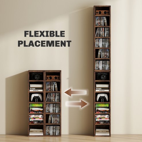 HOMCOM 204 CD Media Display Shelf Unit Set of 2 Blu-Ray Tower Rack w/ Adjustable Shelves Bookcase Storage Organiser, Rustic Brown