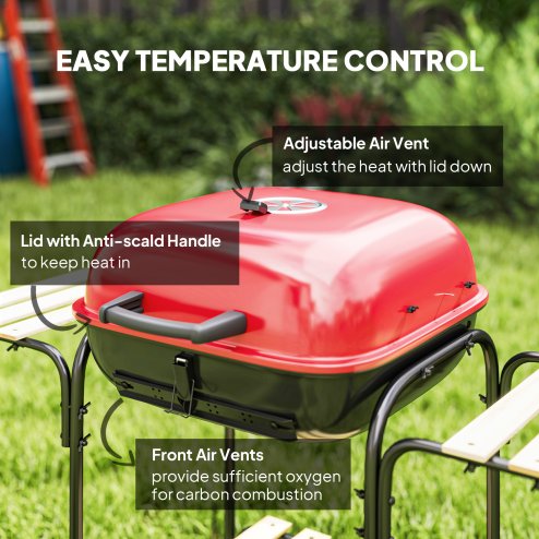 Outsunny Charcoal Barbecue Grill Portable BBQ Grill with 1840 cm? Cooking Area, 3 Shelves, Adjustable Vent, Lockable Lid, Wheels for Outdoor Cooking, Garden Party, Red