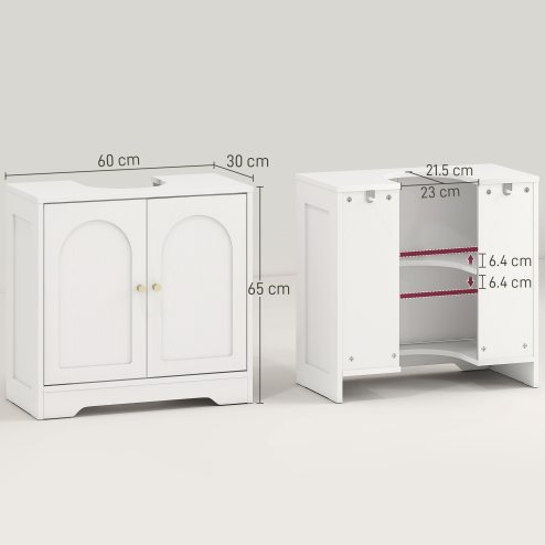 HOMCOM Under Sink Bathroom Cabinet, Freestanding Under Sink Cabinet with 2 Arch Doors and Adjustable Shelf for Basin without or with Pedestal, White