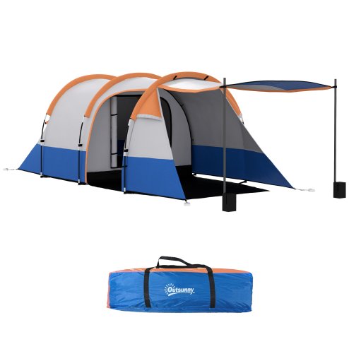 Outsunny 2-3 Man Camping Tent, Tunnel Tent with Weights, Bedroom and Living Room, 2000mm Waterproof, Portable with Bag, for Fishing Hiking Festival, Orange