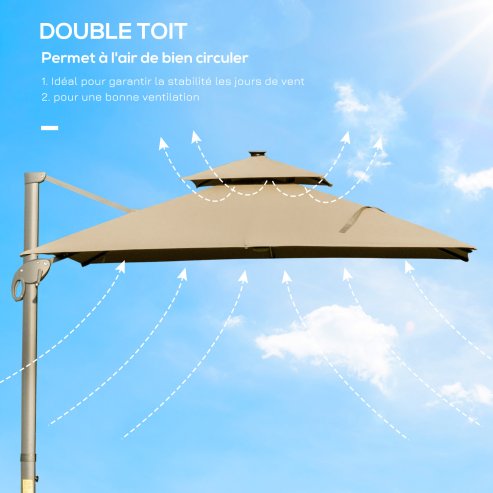 Outsunny 3 x 3(m) Cantilever Roma Parasol Garden Sun Umbrella, Two-tier 250g Polyester Sun Shade with LED Solar Light, Aluminium Frame, Cross Base 360 Degrees Rotating Khaki