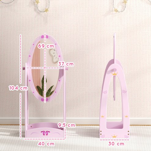 AIYAPLAY Kids Mirror Full Length with Storage Shelf, 360?? Rotating Standing Mirror for Bedroom, Kids Room, Nursery Room, Pink