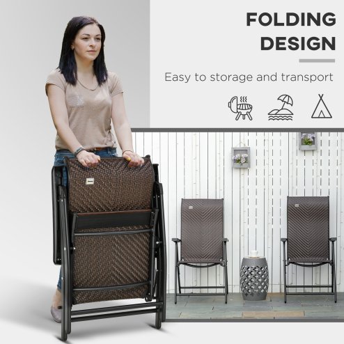 Outsunny Set of 2 Outdoor Wicker Folding Chairs, Patio PE Rattan Dining Armrests Chair set with 7 Levels Adjustable Backrest, for Outdoors, Camping, Brown