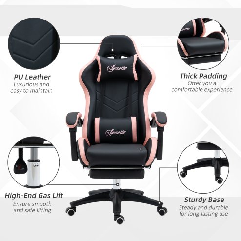 Vinsetto Computer Gaming Chair, PU Leather Desk Chair with Footrest, Swivel Task Chair with 135° Reclining Back and Lumbar Support, PC Chair for Adults, Black and Pink