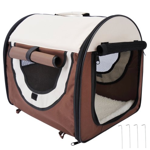 PawHut Foldable Pet Carrier for Miniature Dogs, Portable Cat Carrier Bag Soft Side Fabric Dog Crate with Removable Mat, Breathable Mesh, Ground Stakes, 46L x 36W x 41H cm - Brown