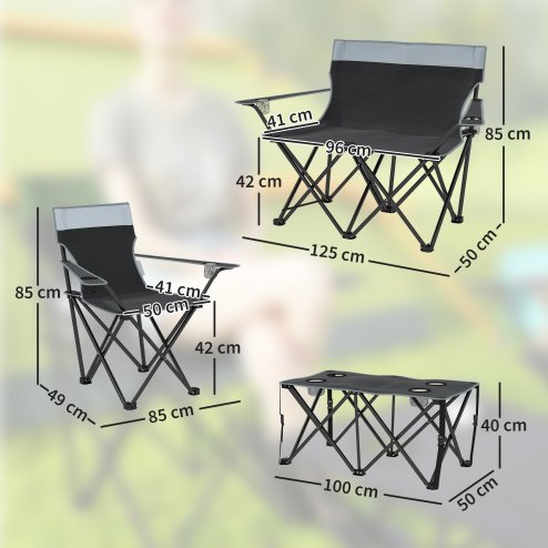 Outsunny 4 Piece Foldable Camping Table and Chairs Set, Portable Picnic Table with 3 Chairs, Cup Holders and Carrying Bag, Outdoor Lightweight Table Set for BBQ, Picnic, Parties, Grey
