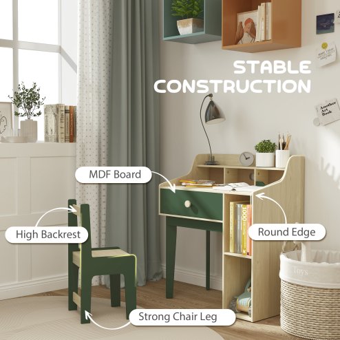 AIYAPLAY Kids Desk and Chair Set, Children Study, Table and Chair Set with Storage Shelves, Drawer, Kids Table and Chair Set for 3-10 Years, Green