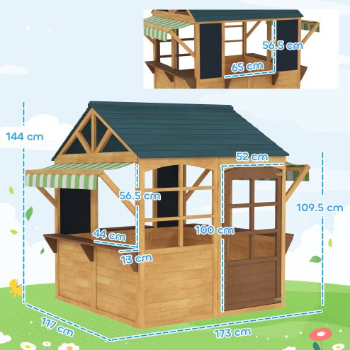 AIYAPLAY Wooden Playhouse for Kids Outdoor, Foldable Wendy House with Windows, Working Door, Service Stations, Rain Covers, Blackboards, Kids Garden Toys for 3-8 Years