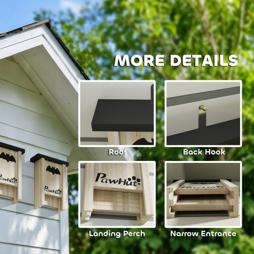 PawHut Bat Boxes, Pack of 3 Wooden Bat Houses for Outdoor, Garden, Farm, Easy for Bat to Land and Roost, Designed to Attract Bats & Easy to Hang, 18 x 6 x 22.5 cm