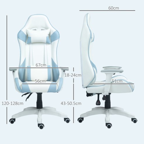HOMCOM Gaming Chair, Racing Gamer Chair, Reclining Faux Leather Computer Chair with Headrest, Lumber Support, 3D Armrests, Adjustable Height, Swivel Wheels for Home Office, Light Blue