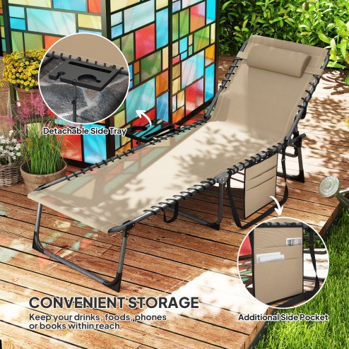 Outsunny Folding Sun Lounger with Side Table, 5-Level Adjustable Reclining Sun Lounger Chair, Portable Garden Recliner Sunbed with Side Pocket, Head Pillow for Patio, Beach, Beige