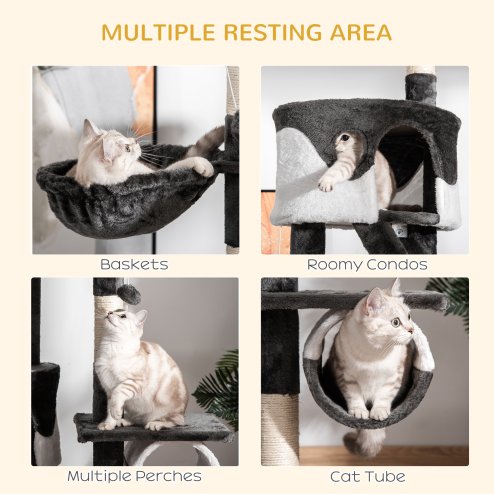 PawHut Floor to Ceiling Cat Tree, 240-260cm Adjustable Height Kitten Tower with Scratching Posts, Cat Houses, Ramps, Hammocks, Toy Balls, Tunnel for Indoor Use - White