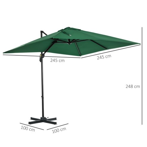 Outsunny 2.5 x 2.5m Patio Offset Parasol Umbrella Cantilever Hanging Aluminium Sun Shade Canopy Shelter 360 Rotation with Crank Handle and Cross Base, Green