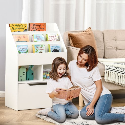 HOMCOM Kids Bookshelf with Storage Drawer, Childrens Bookcase with Wheels, Toy Organiser for Bedroom, Playroom - White