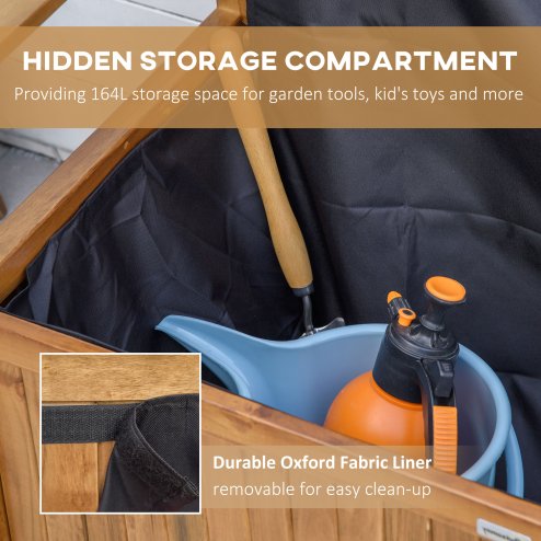 Outsunny 2 Seater Garden Storage Bench, 164L Outdoor Storage Box with Backrest Flower Pattern, Wooden Garden Bench with Armrests, 125 x 68.5 x 97cm, Natural