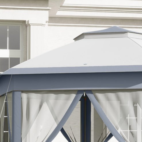Outsunny 3 x 4m Garden Gazebo Hexagon Pop Up Gazebo Party Tent Canopy Double Roof Instant Shelter with Netting and Carry Bag for Outdoor Patio, Grey