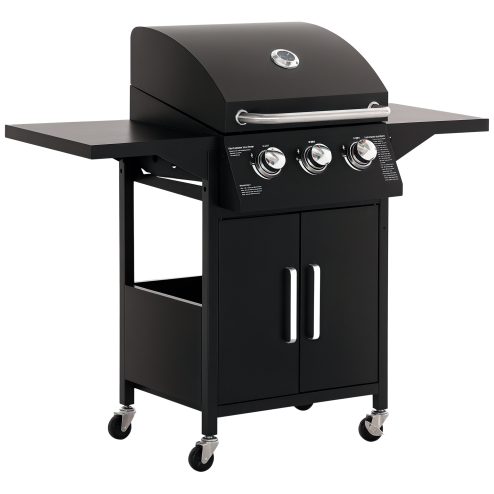 Outsunny 3 Burner Gas BBQ, Outdoor Grill, Portable Barbecue Trolley with Warming Rack, Side Shelves, Storage Cabinet, Thermometer, Carbon Steel, Black