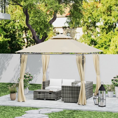 Outsunny 3 x 3 m Garden Gazebo, Double Roof Metal Gazebo with Curtains and Solar-Powered LED Lights, Outdoor Canopy Shelter for Patio, Deck, Beige