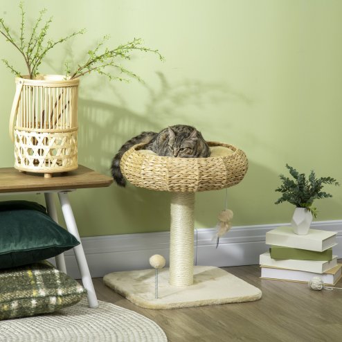 PawHut 51cm Cat Tree, Kitty Activity Center, Cat Climbing Toy, Cat Tower w/ Cattail Bed, Toy Ball, Scratching Post - Beige