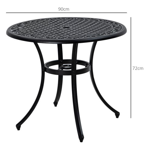 Outsunny Garden Table with Parasol Hole, 90cm Round Outdoor Dining Table for 2-4, Cast Aluminium Bistro Coffee Table for Balcony - Black