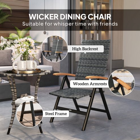 Outsunny Outdoor Folding Dining Chair, PE Rattan Chair with Armrests, High Backrest, for Garden, Camping, Balcony, Porch, Mixed-grey