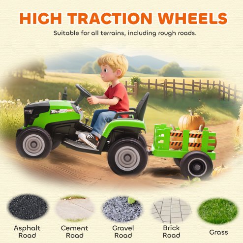 AIYAPLAY Ride on Tractor with Trailer, 12V Electric Vehicle with Remote Control, Ride on Car for Kids with Music, Shifter, Start-Up Sound for Ages 3-8 Years, Green