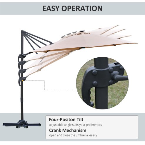 Outsunny 3(m) Cantilever Roma Parasol Garden Sun Umbrella Outdoor Patio with 360 Rotation Crank & Tilt Aluminium Frame LED Solar Light Cross Base, Brown