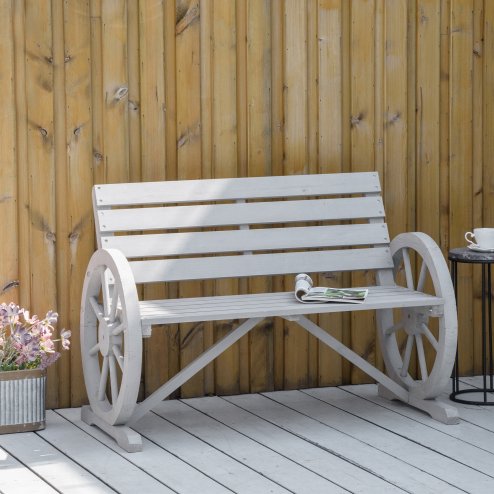 Outsunny 2 Seater Garden Bench Outdoor Garden Armrest Chair with Wooden Cart Wagon Wheel Rustic High Back Grey Image