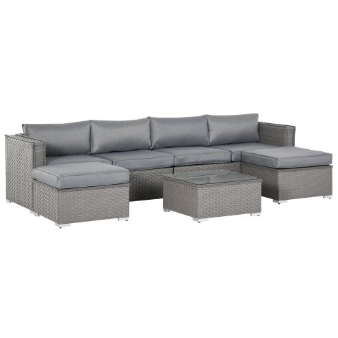 Outsunny 5 Pieces Rattan Garden Furniture Set, Wide & Deep Garden Sofa with Thickened Cushions, Outdoor Furniture Conservatory Set with Loveseats, Footstools and Glass Top Table for Patio, Grey