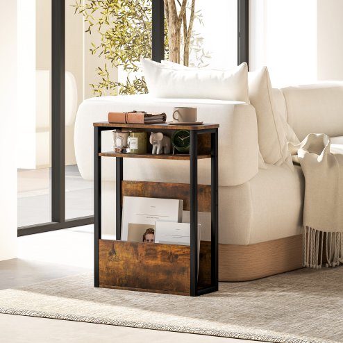 HOMCOM Side Table, Narrow Bedside Table with 2 Storage Shelves, Industrial Sofa End Table with Metal Frame for Living Room, Bedroom, Rustic Brown Image