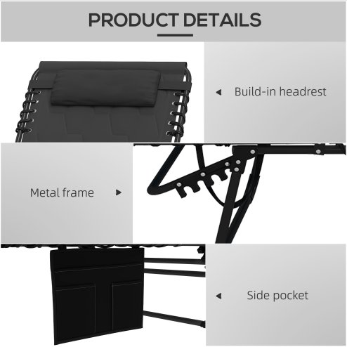 Outsunny 2 Piece Foldable Sun Lounger Set with 5-level Reclining Back, Outdoor Tanning Chairs Sun Loungers with Build-in Padded Seat, Side Pocket, Headrest for Beach, Patio, Black