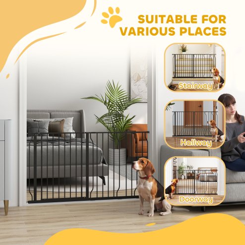 PawHut Dog Gate Wide Stair Gate w/ Door Pressure Fit Pets Barrier for Doorway, Hallway, 76H x 75-145W cm - Black