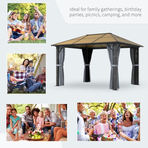 Outsunny 3 x 3.6m Hardtop Gazebo Canopy with Polycarbonate Roof, Aluminium Frame, Permanent Pavilion Garden Gazebo with Netting and Curtains - Grey