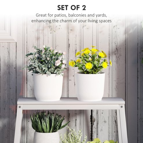 Outsunny Set of 2 Plastic Round Plant Pots Outdoor 22cm, Garden Planters, Flower Pots for Garden Decoration, Patios, Indoor, Outdoor, Home, White