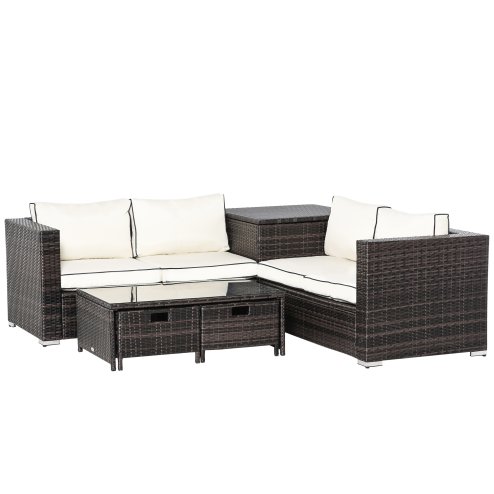 Outsunny 4 Pieces Rattan Garden Furniture Set, 4 Seater Corner Sofa Set with Storage Box, 2 Drawers Coffee Table, Loveseats with Cushions, Wicker Garden Conservatory Furniture for Balcony, Brown