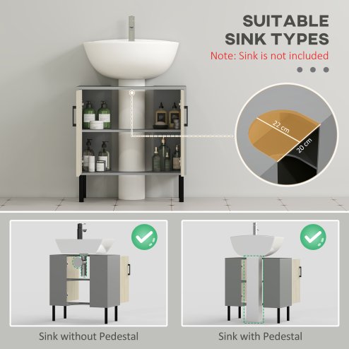 kleankin Under Sink Cabinet, Bathroom Sink Cabinet, Floor Basin Storage Cupboard with Double Doors and Shelf, 60 x 30 x 60 cm, Natural Tone