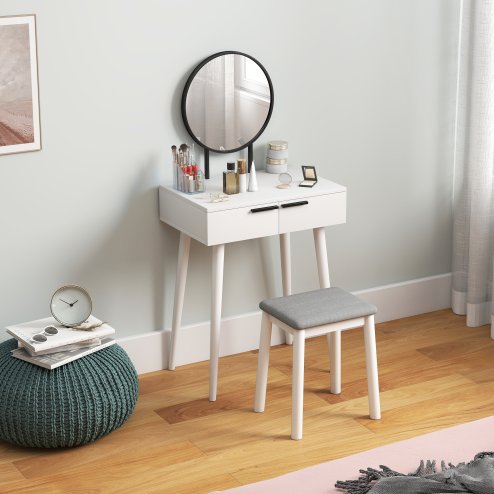 HOMCOM Dressing Table with Mirror and Stool, Vanity Makeup Desk Set with 2 Drawers, Cushioned Stool and Make-up Organiser for Bedroom and Dressing Room, 60 x 40 x 123 cm, White