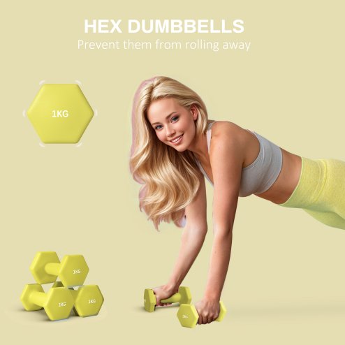 SPORTNOW Set of 2 Hex Dumbbells, Neoprene Weights Pair with Non-Slip Grip, Home Gym Fitness Training Equipment, 2 x 1kg, Yellow