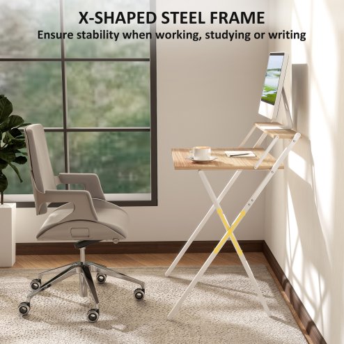 HOMCOM Folding Desk with Monitor Shelf, 70 cm Foldable Computer Desk for Small Spaces, Space Saving Writing Table Workstation for Home Office, Study, Easy Assembly