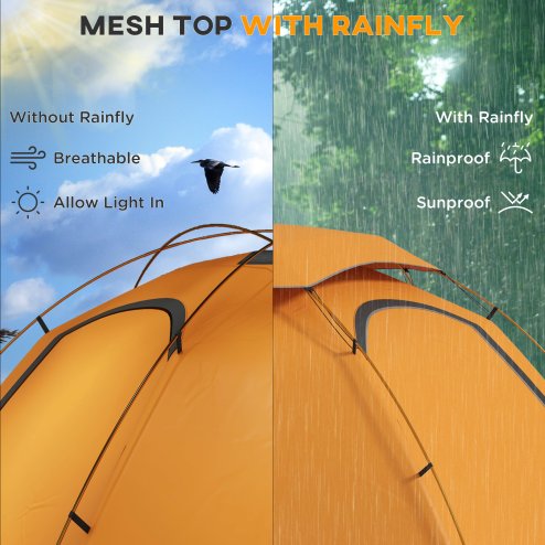 Outsunny 1-2 Man Camping Tent, Dome Tent with Removable Rainfly and Aluminium Frame, 2000mm Waterproof, Portable with Bag, for Fishing Hiking Festival, Orange