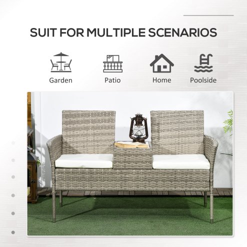 Outsunny 2 Seat Rattan Garden Bench, Patio Wicker Chair with Glass Tea Table, Outdoor Love Seat with Padded Cushions, for Garden, Porch, Mixed Grey/Cream White