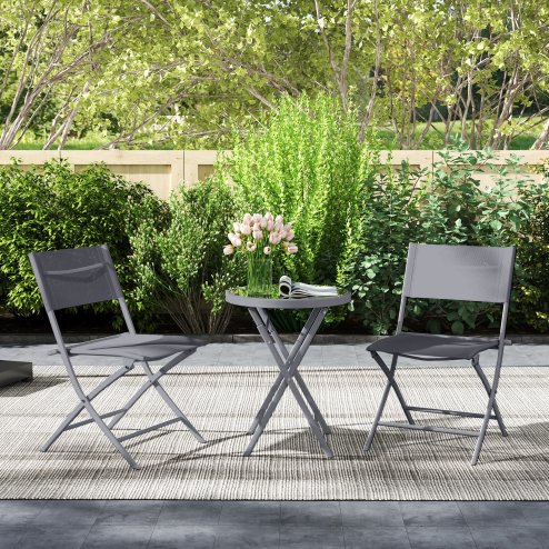 Outsunny 3 Pieces Outdoor Bistro Set, Glass Top Outdoor Table and 2 Folding Chairs, Garden Furniture Set with Protecting Feet, Steel Frame, Easy Clean, Grey