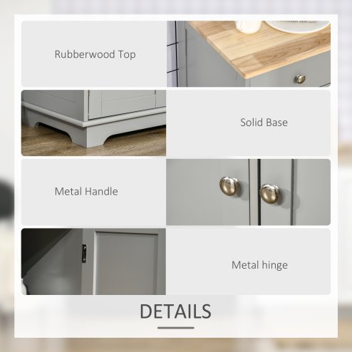 HOMCOM Modern Sideboard with Rubberwood Top, Buffet Cabinet with Storage Cabinets, Drawers and Adjustable Shelves for Dining Room, Kitchen, Grey