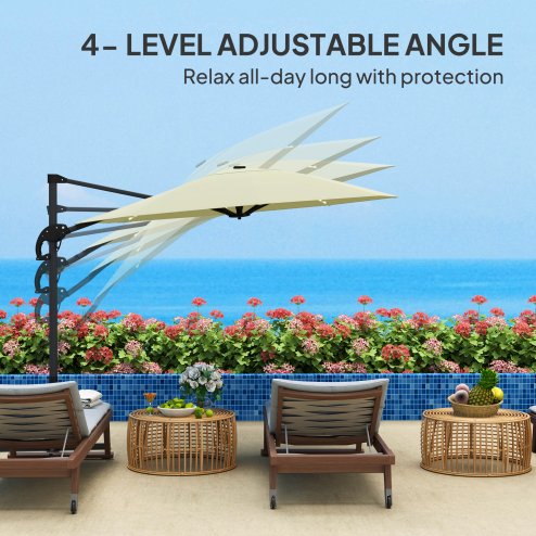Outsunny 3(m) Cantilever Garden Parasol with Solar Powered Lights, Fibreglass Ribs, Crank Handle & Cross Base, UPF 50+, 360 Rotation, Overhanging Patio Umbrella for Patio Market, Cream