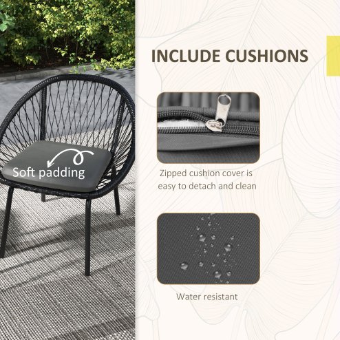 Outsunny 3 Pieces Rattan Bistro Set, Wicker Garden Furniture Set with Round Metal Top Coffee Table and Chairs, Washable Cushions for Outdoor, Patio, Balcony, Black