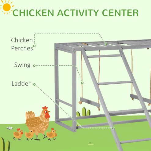 PawHut Chicken Activity Play with Swing Set, Wooden Chicken Coop Accessory with Multiple Chicken Perches & Hen Ladder for 3-4 Chickens, Grey